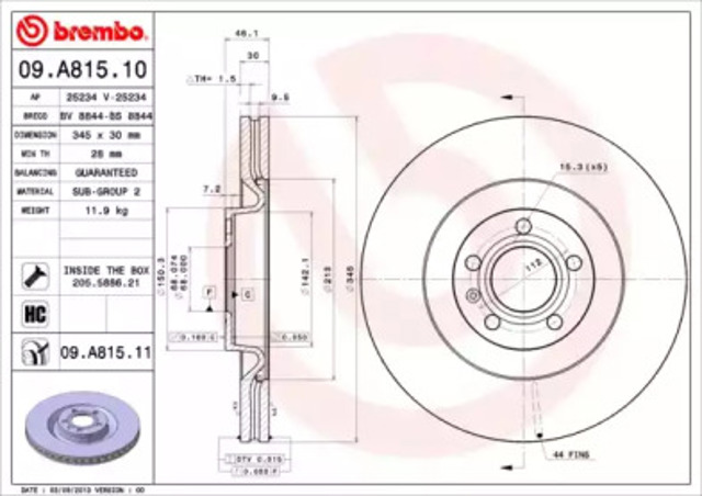 Передний тормозной диск 09A81511 BREMBO