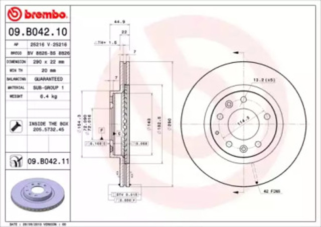 Диск тормозной передний 09B04211 BREMBO