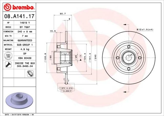 08A14117 BREMBO Диск тормозной задний купить в Украина