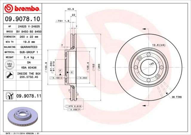 Диск тормозной передний 09907811 BREMBO