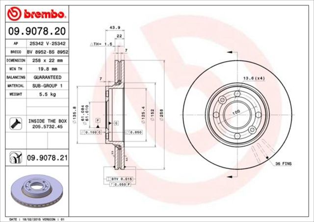 Диск тормозной передний 09907820 BREMBO