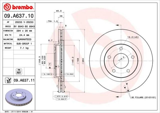 Передний тормозной диск 09A63710 BREMBO