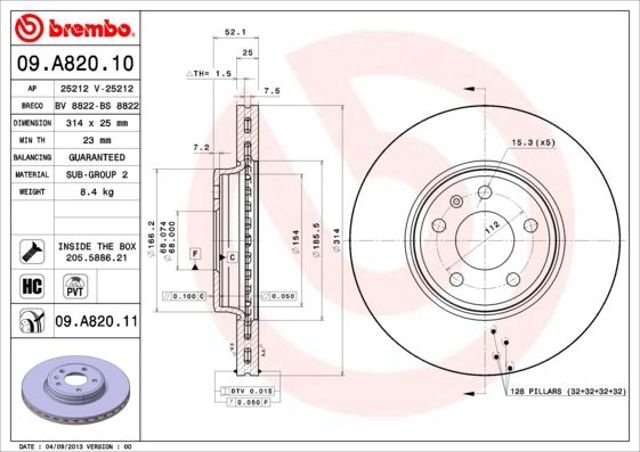 Передний тормозной диск 09A82011 BREMBO