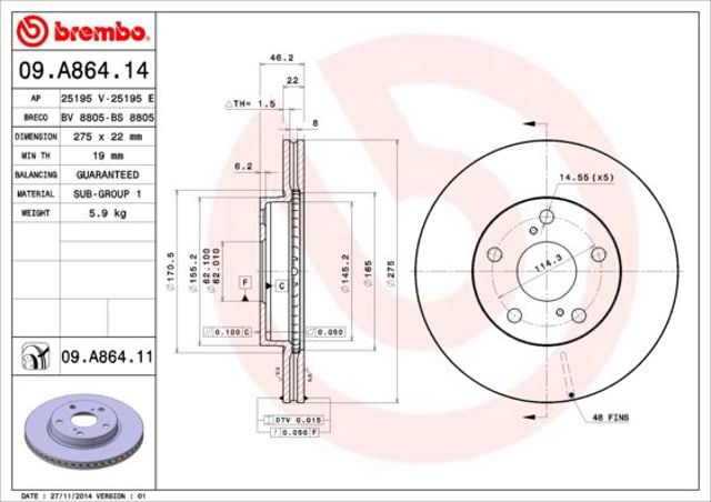 Диск тормозной передний 09A86414 BREMBO