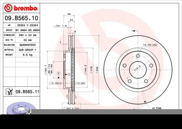 BREMBO 09B56511 Передние тормозные диски в наличии Павлоград