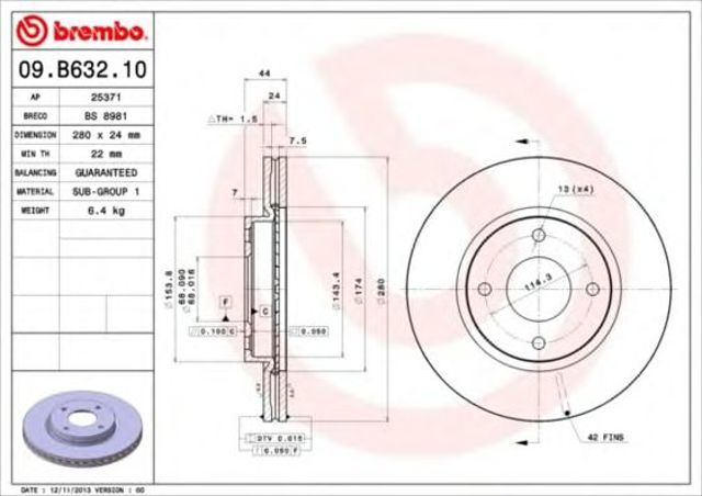 Передний тормозной диск 09B63210 BREMBO