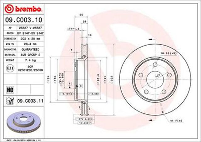 Диск тормозной передний 09C00311 BREMBO