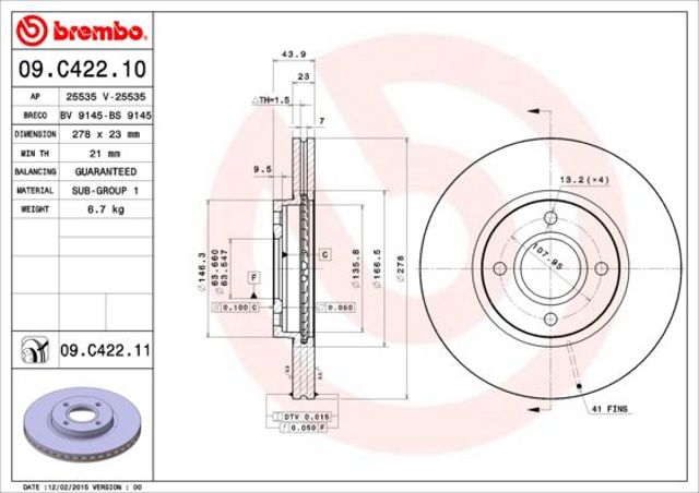 BREMBO 09C42211 Диск тормозной передний в наличии Львов