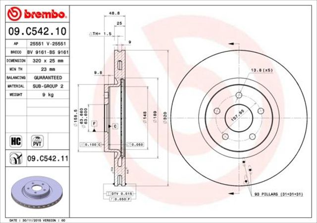 BREMBO 09C54211 Диск тормозной передний в наличии Павлоград
