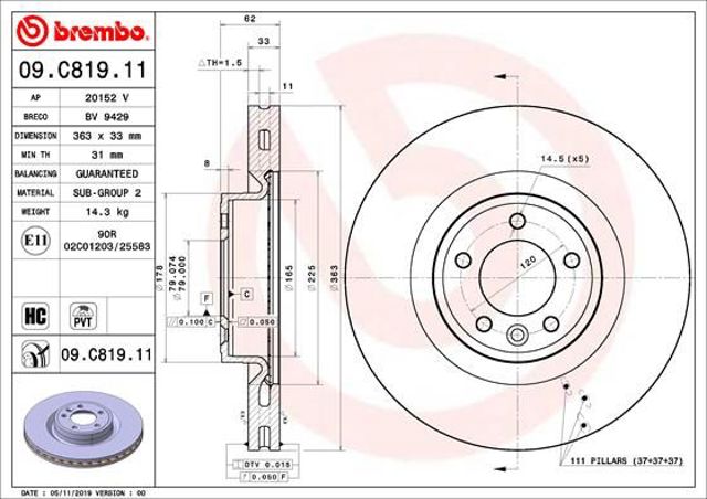 Тормоз дисковый передний 09C81911 BREMBO
