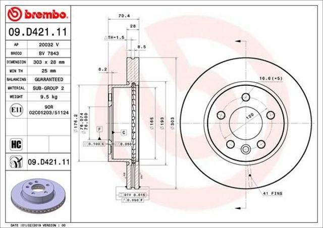 Передний тормозной диск 09D42111 BREMBO