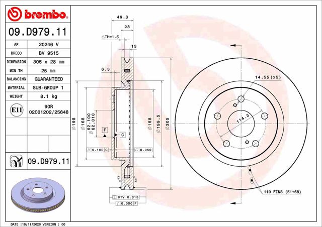 Тормоз дисковый передний 09D97911 BREMBO