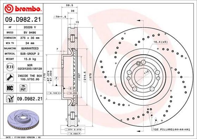 Диск тормозной передний 09D98221 BREMBO