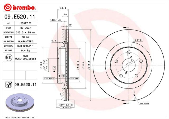 Диск тормозной передний 09E52011 BREMBO
