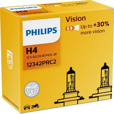Лампа галогенная philips vision +30% h4 12v 60/55w (2 шт.) 12342PRC2
