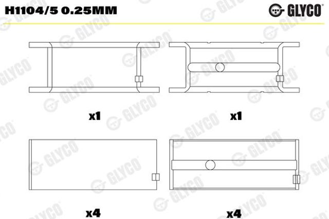 Вкладыши коленвала, коренные, комплект, 1-й ремонт (+0,25) H11045025MM GLYCO