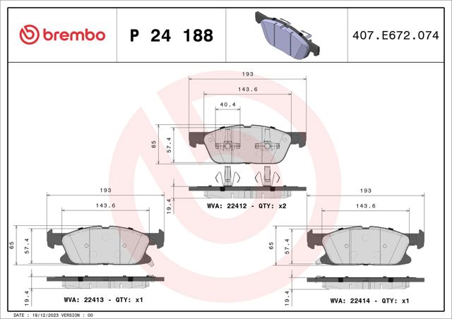 Колодки тормозные передние дисковые P24188 BREMBO