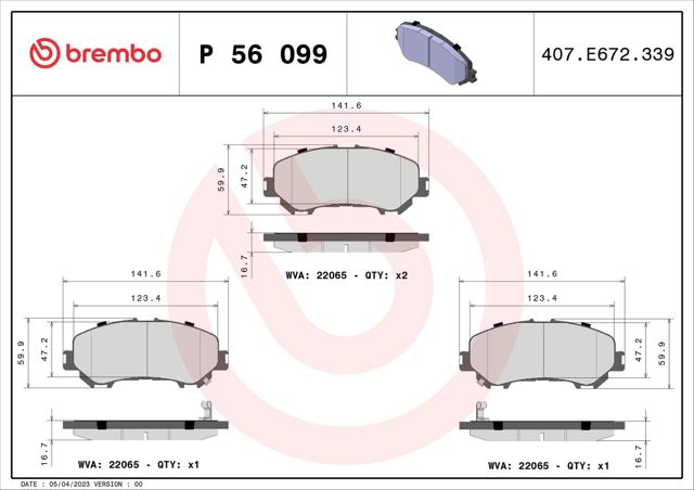 Колодки тормозные передние дисковые P56099 BREMBO