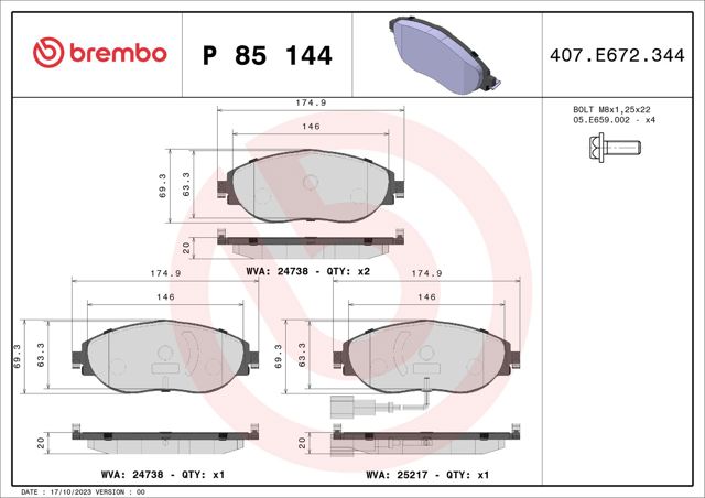 BREMBO P85144 Передние тормозные колодки в наличии Харьков