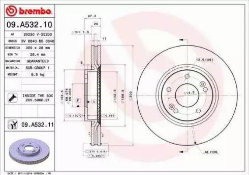 Диск тормозной передний 09A53211 BREMBO