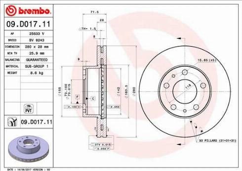 Диск тормозной передний 09D01711 BREMBO