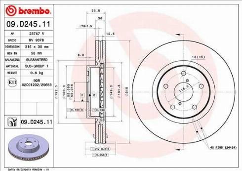 Тормоз дисковый передний 09D24511 BREMBO