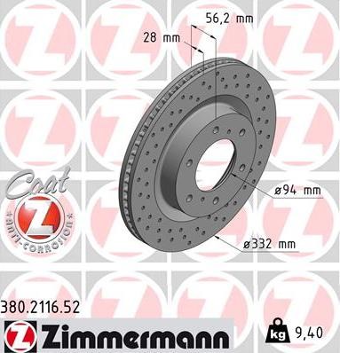 Передний тормозной диск 380211652 ZIMMERMANN