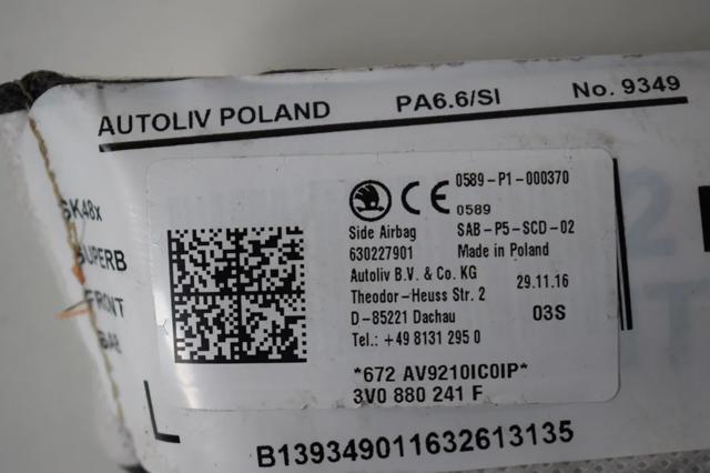 VAG 3V0880241F Подушка безопасности (AIRBAG) спинки сиденья левого в наличии Черновцы