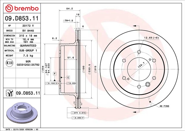 Задний дисковый тормоз 09D85311 BREMBO