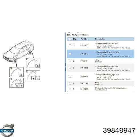 Расширитель (накладка) арки переднего крыла правый 39849947 VOLVO