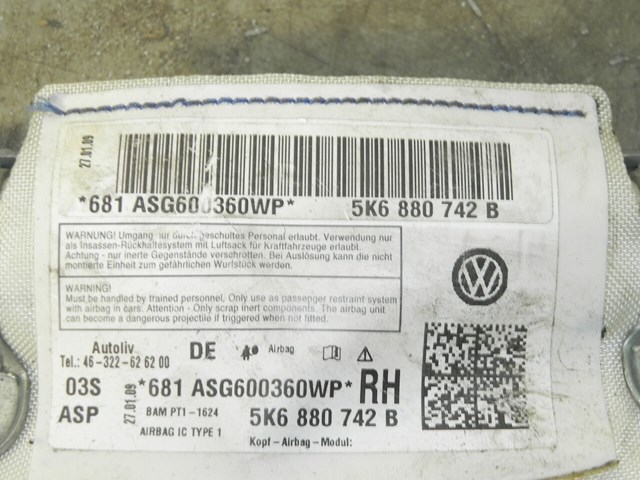 5K6880742B VAG Подушка безопасности (AIRBAG) шторка боковая правая купить в Павлоград