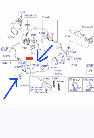 Шланг ГУР, низкого давления, от рейки/механизма к радиатору 575602E001 HYUNDAI