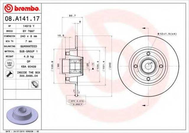Задний тормозной диск 08A14117 BREMBO