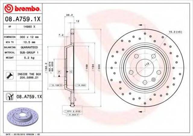 Диск тормозной задний 08A7591X BREMBO