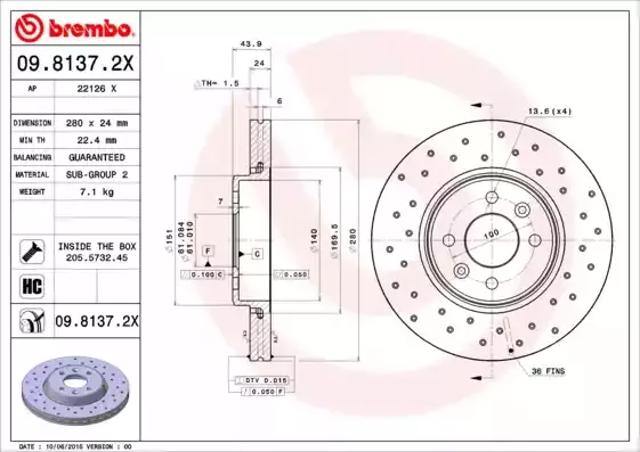 Диск тормозной передний 0981372X BREMBO