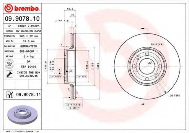 Диск тормозной передний 09907810 BREMBO