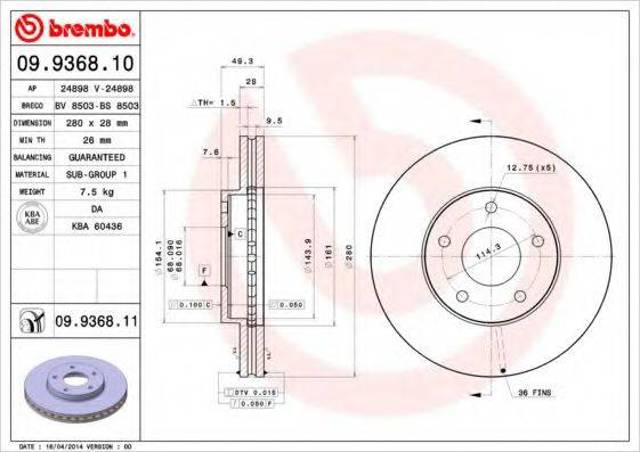 Передний тормозной диск 09936811 BREMBO