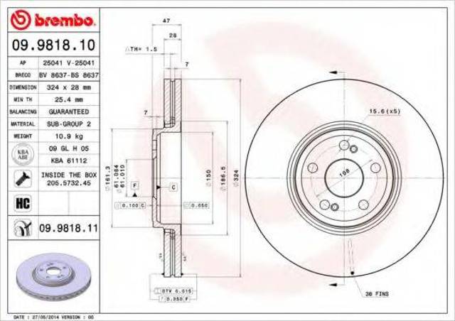 Диск тормозной передний 09981811 BREMBO