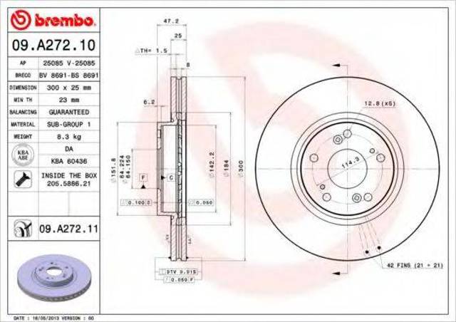 Диск тормозной передний 09A27211 BREMBO