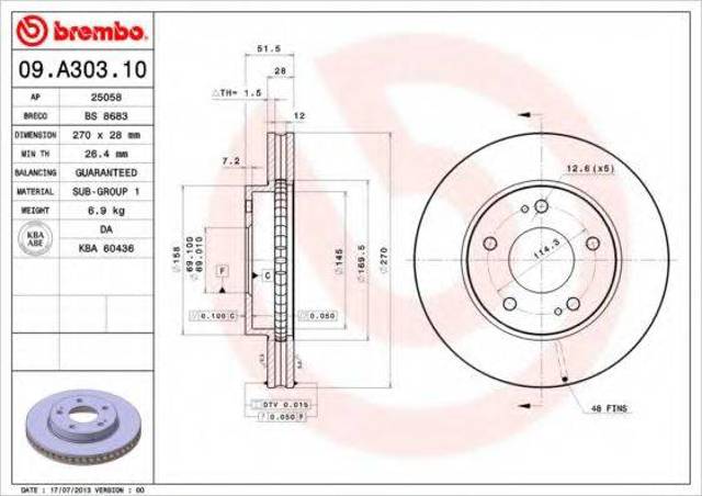 Диск тормозной передний 09A30310 BREMBO