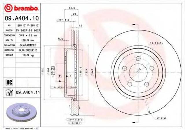 Диск тормозной передний 09A40411 BREMBO