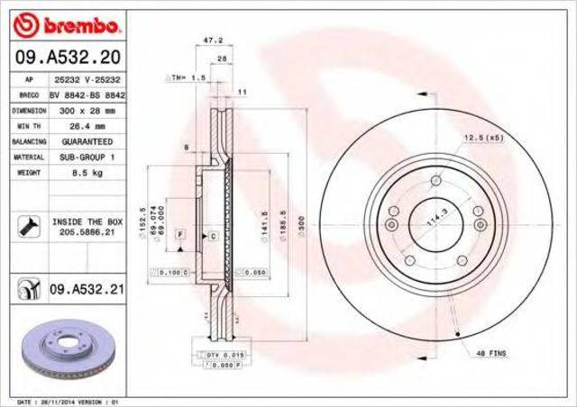 Диск тормозной передний 09A53220 BREMBO