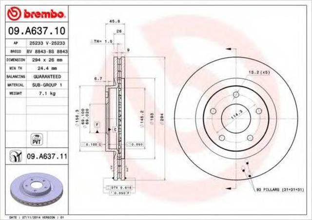 Диск тормозной передний 09A63711 BREMBO