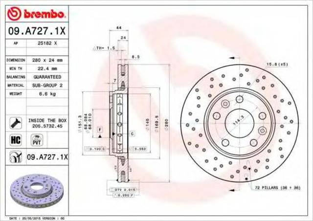 Передний тормозной диск 09A7271X BREMBO