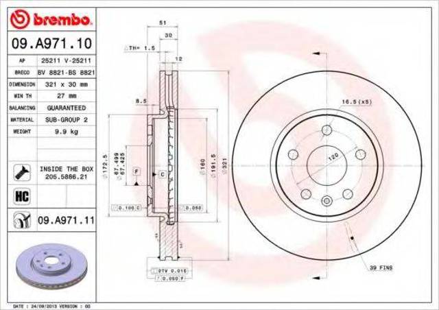 Передний тормозной диск 09A97111 BREMBO
