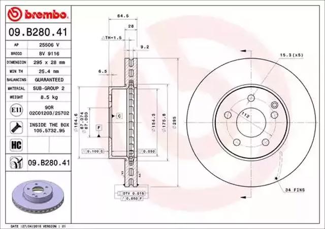 Диск тормозной передний 09B28041 BREMBO