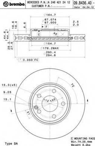 Диск тормозной передний 09B43641 BREMBO