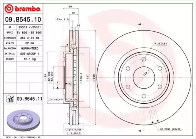 Диск тормозной передний 09B54511 BREMBO