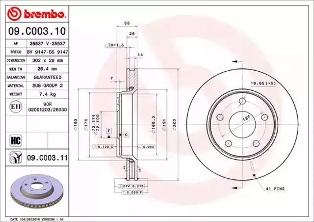 Диск тормозной передний 09C00311 BREMBO