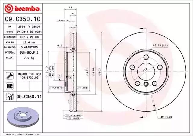 Диск тормозной передний 09C35011 BREMBO